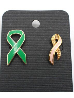 Green & Pink Awareness Ribbon Enamel Lapel Pins Mental Health & Cancer Gold Tone